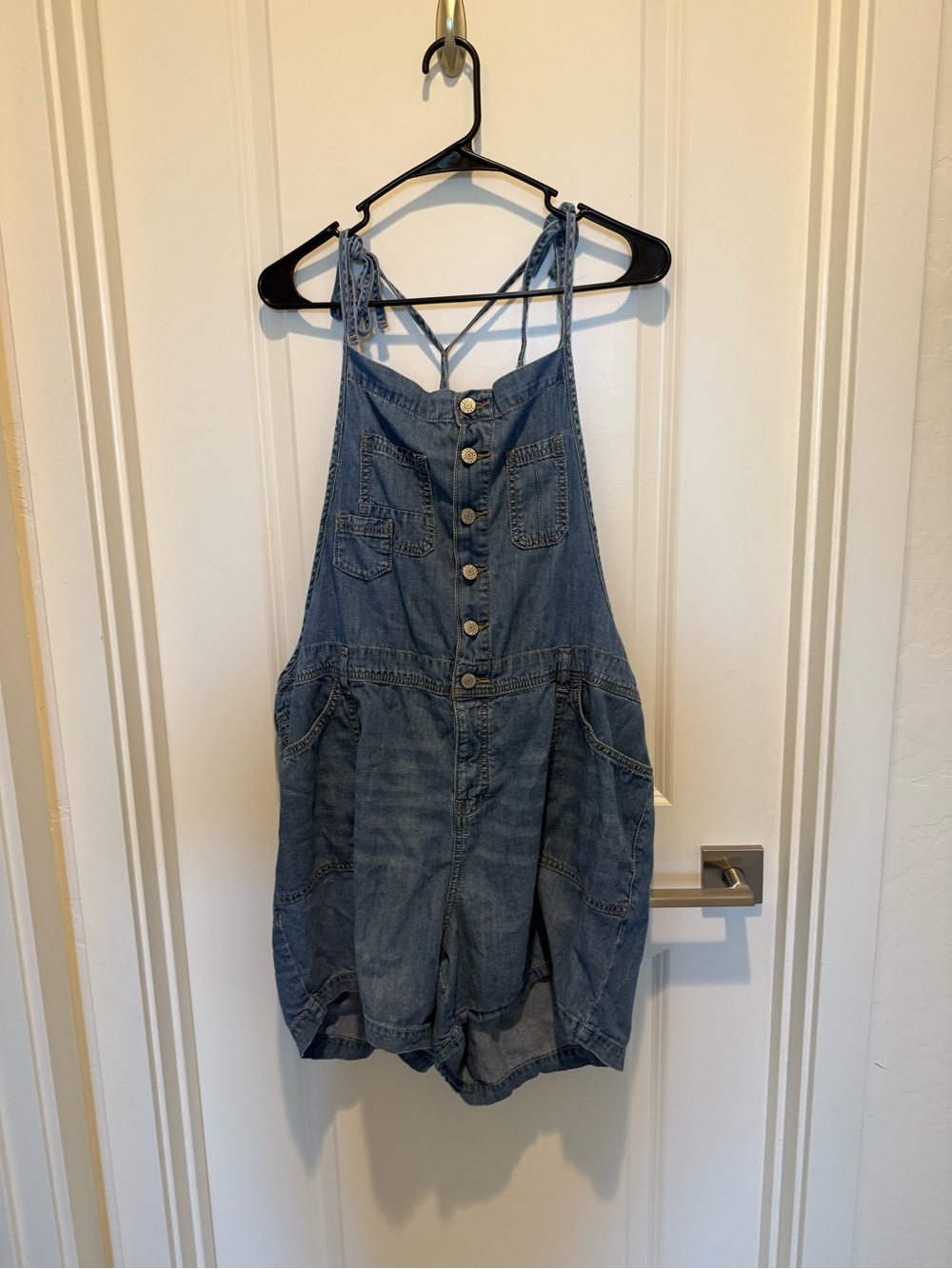 torrid Light Blue Denim Button-Front Romper with Tie Straps